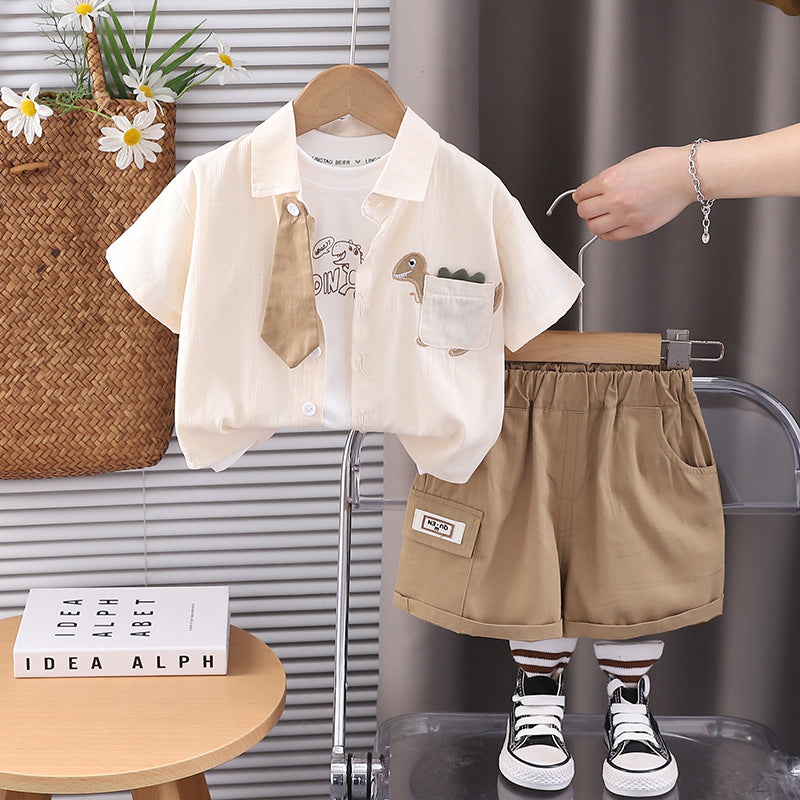 Completo Estivo Bambino "Dino Manager" - Camicia con Cravatta, T-Shirt Stampata e Shorts
