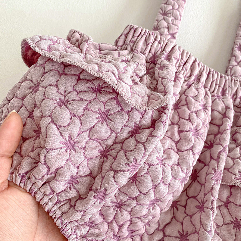 Tutina Bimba con Bretelle e Gonna a Balze – Rosa a Fiori
