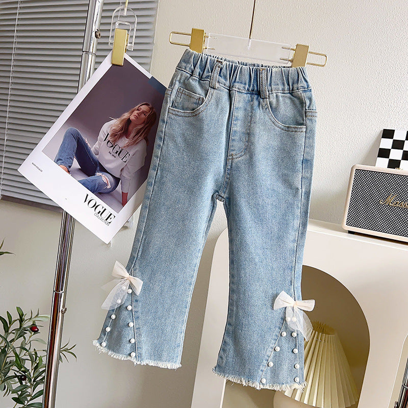 Jeans Bambina con Perle e Fiocchi in Tulle