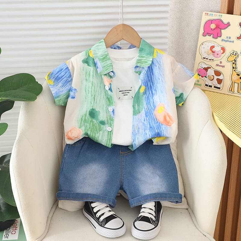 Set Estivo Bambino - Camicia Fantasia Floreale e Pantaloncini in Denim
