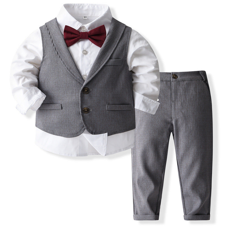 Completo Elegante 3 Pezzi Bambino Grigio con Papillon Bordeaux