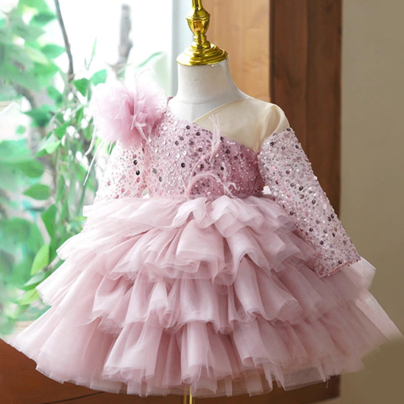 Abito Elegante Bambina Rosa con Paillettes e Gonna in Tulle