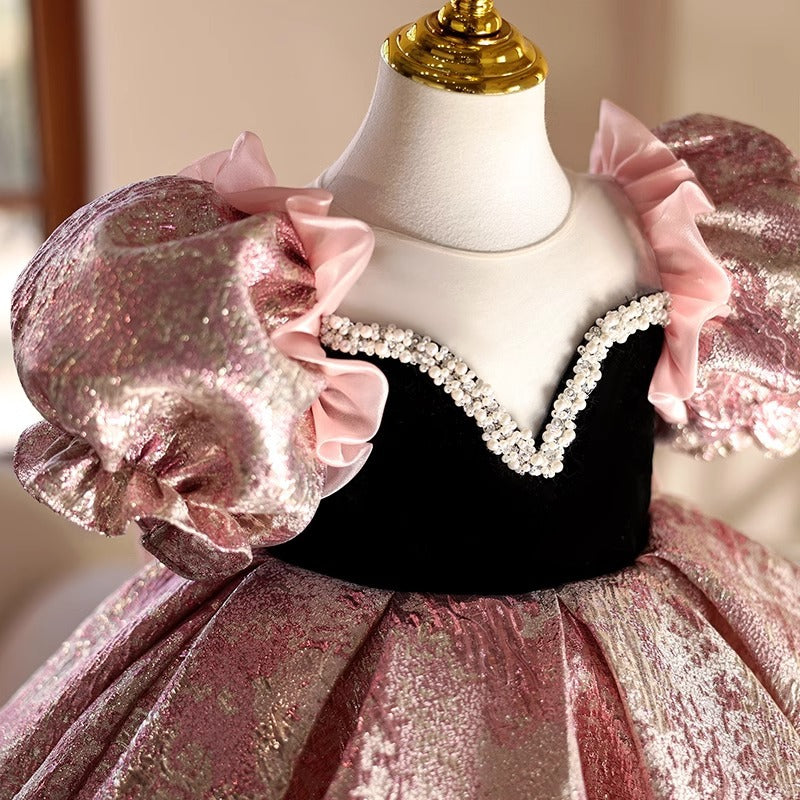 Abito da Cerimonia Bambina Principessa Rosa Lilla con Maniche Voluminose