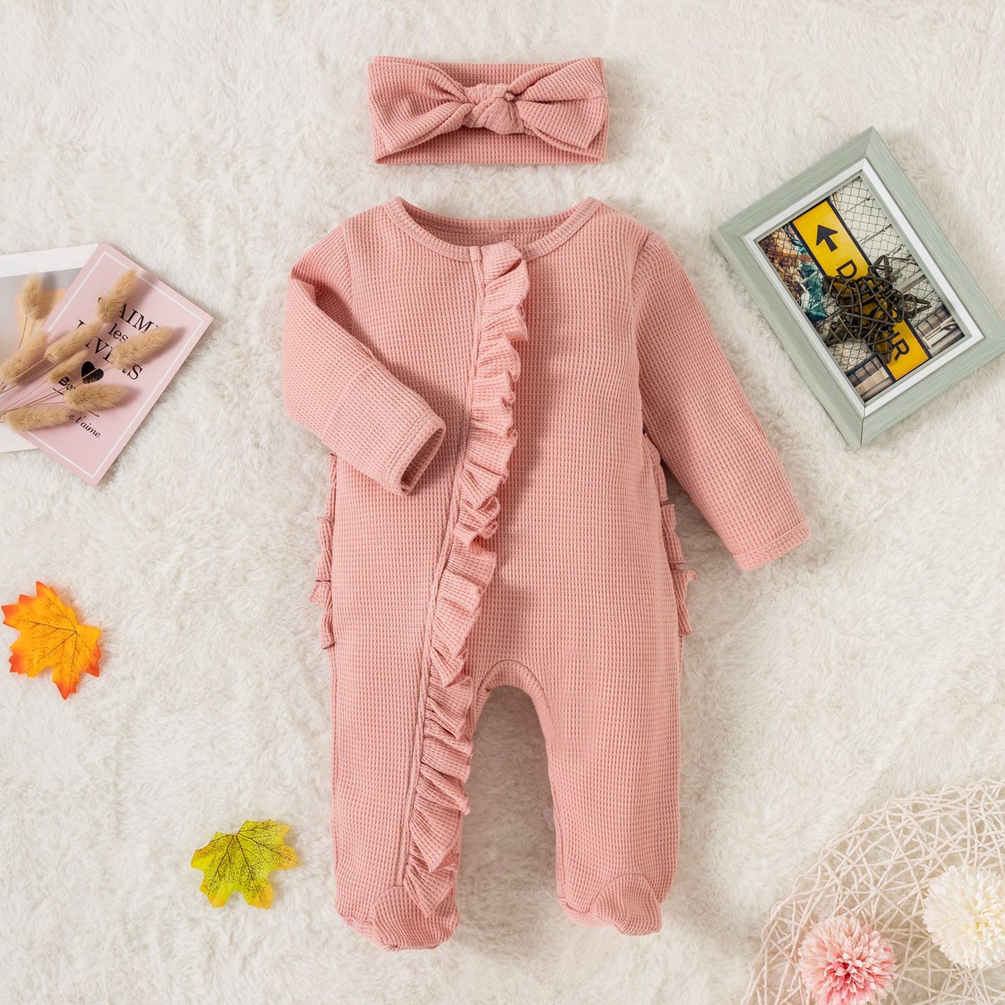 Tutina Neonata in Cotone con Volant e Fascia Coordinata