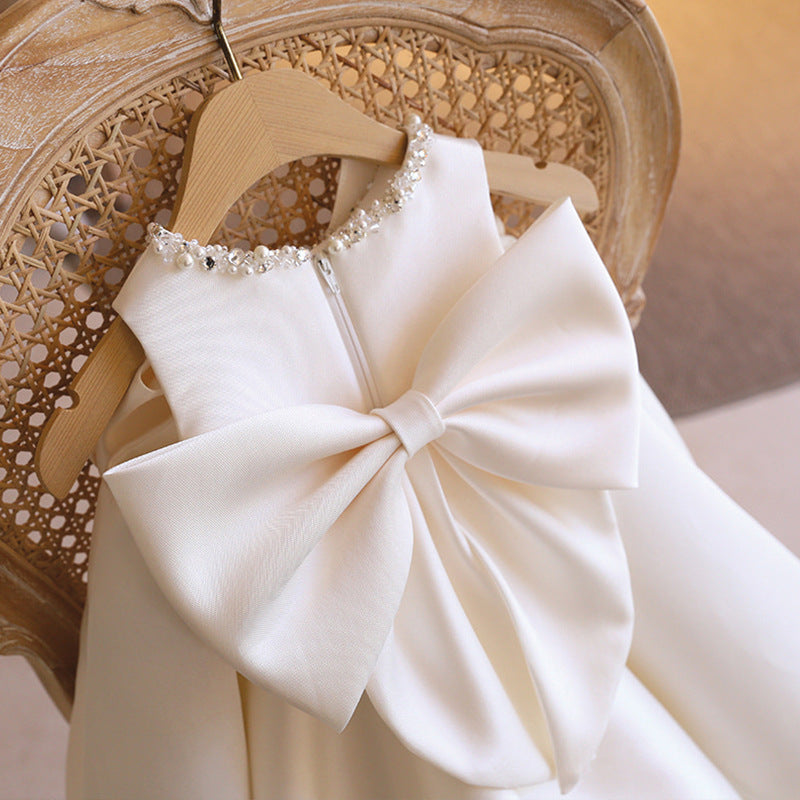 Abito Elegante da Cerimonia Bambina Bianco con Maxi Fiocco e Perline