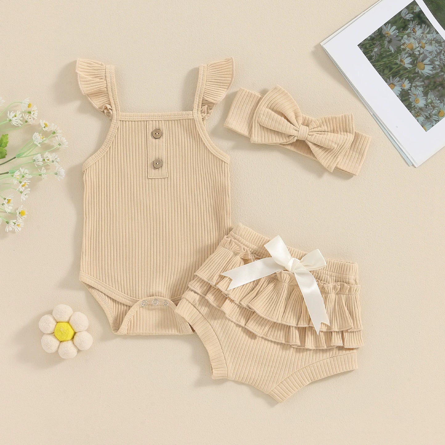 Completo Estivo Neonata/ Bimba 3 Pezzi con Body, Pantaloncini e Fascia