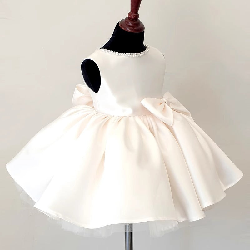 Abito Cerimonia Bambina Avorio Gonna Ampia, Fiocco e Collo di Perle