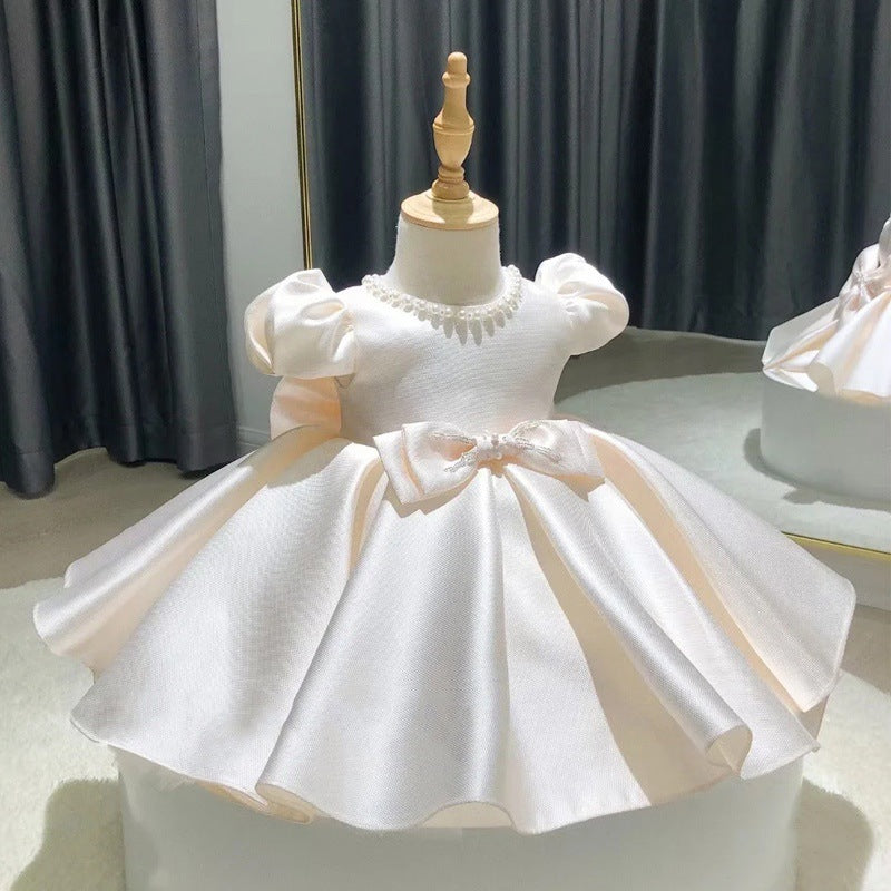 Abito cerimonia bambina Bianco perla con fiocco e dettagli in perle