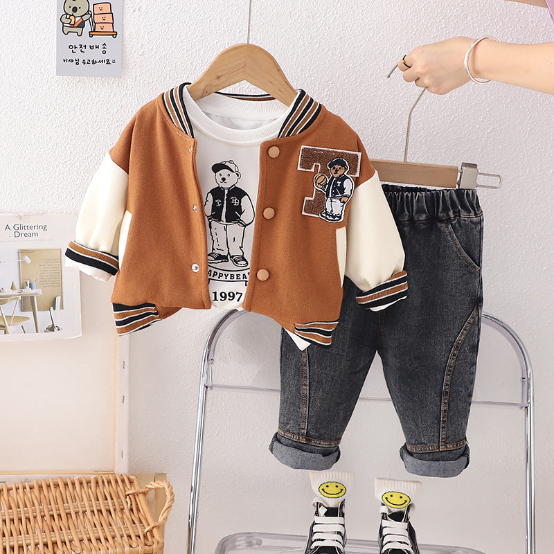 Completo Bimbo "Happy Bear College" Giacca Baseball, T-shirt e Jeans