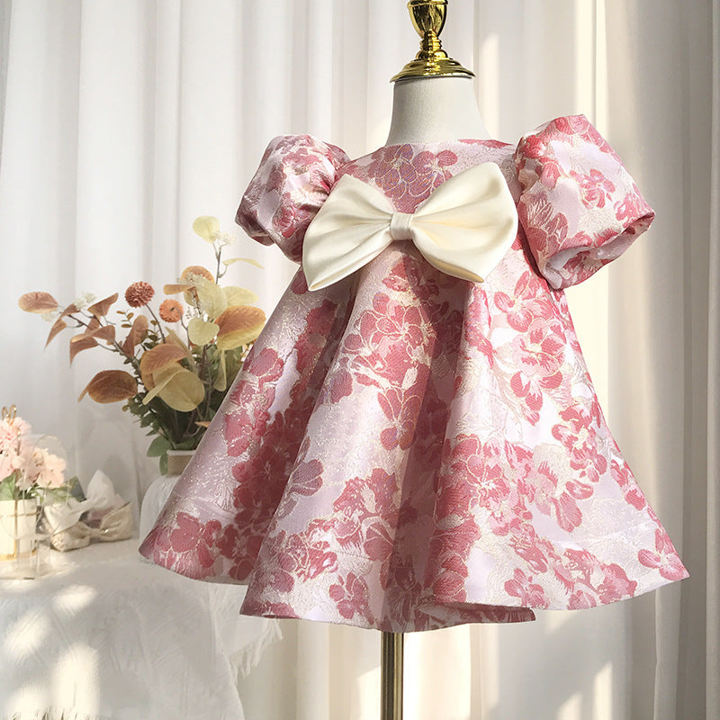 Abito da Cerimonia Jacquard Floreale con Fiocco