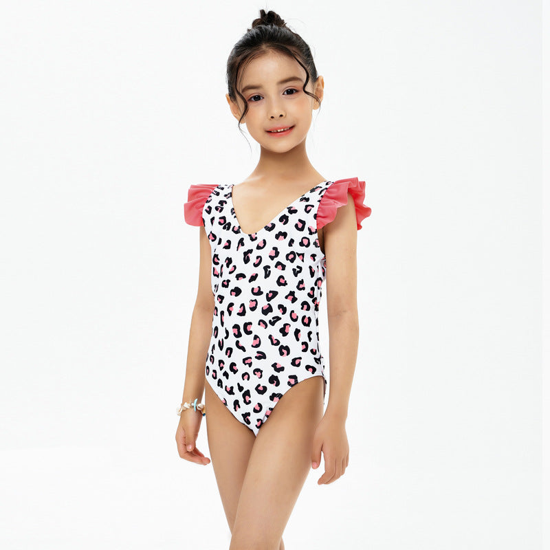 Costume intero bambina stampa animalier - con volant rosa sulle spalle
