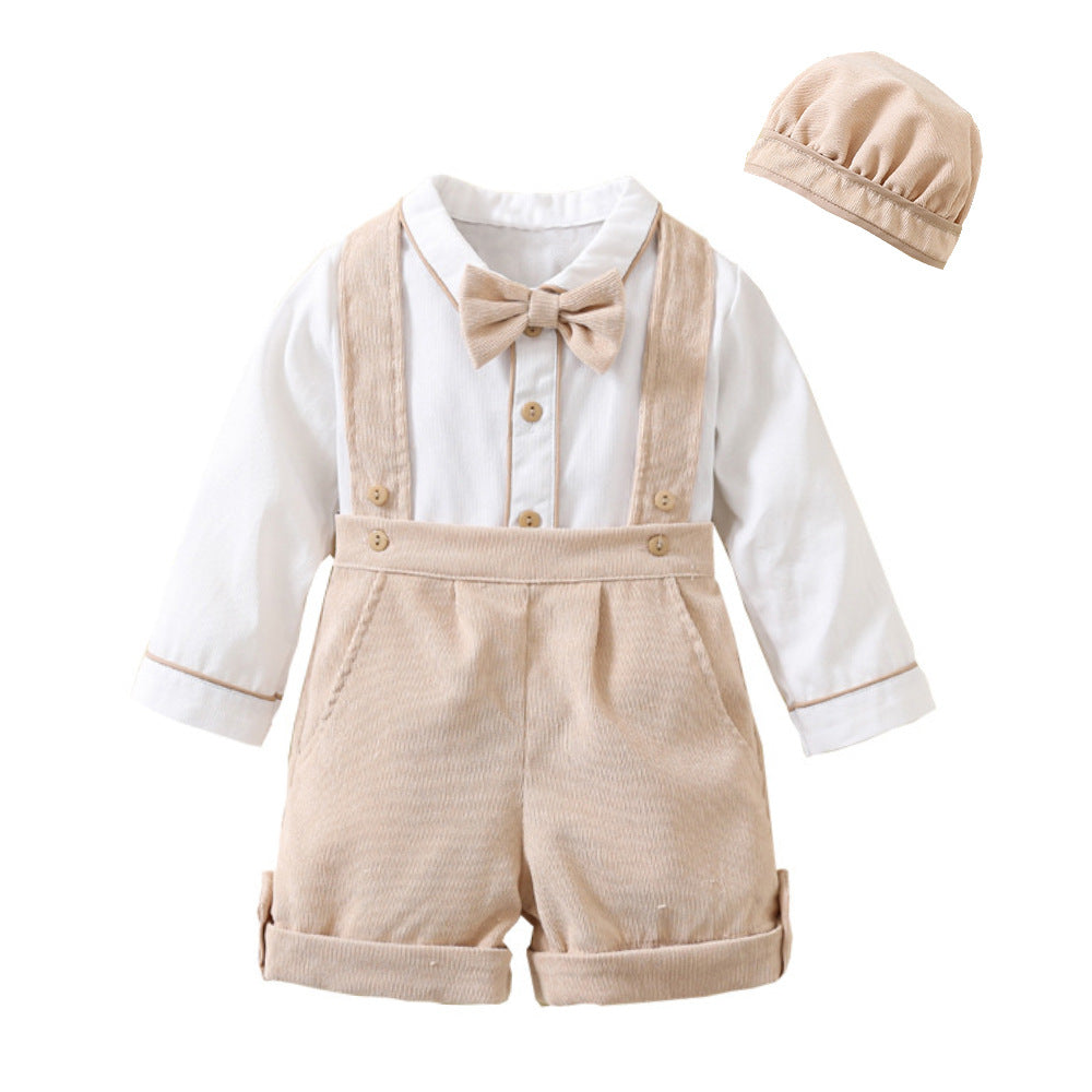 Completo Elegante 3 Pezzi Bimbo Camicia + Pantaloncini con Bretelle + Cappellino