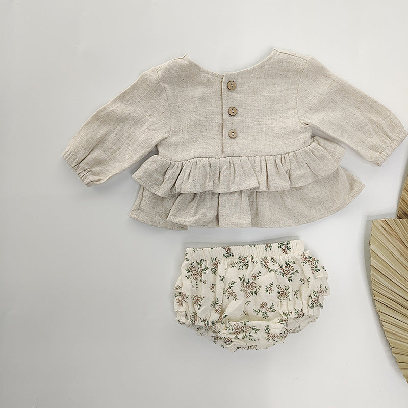 Completo bambina 2 pezzi Blusa lino e culotte floreale
