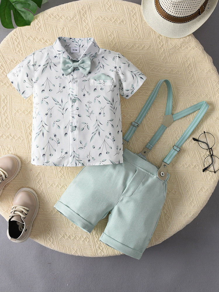 Completo Estivo Elegante bimbo Camicia Fantasia, Shorts Verde Acqua, Bretelle e Papillon