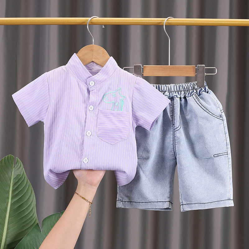 Completo Estivo Bambino - Camicia Coreana a Righe e Shorts in Denim