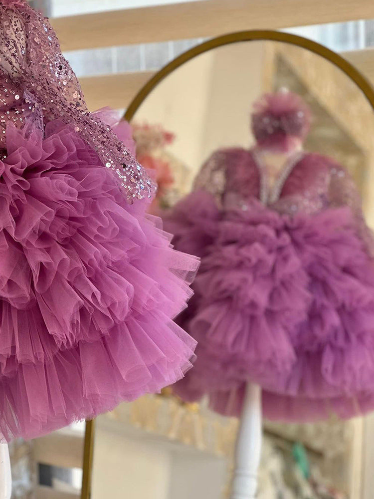 Abito Cerimonia Bambina - Tulle con Dettagli Brillanti e Piume