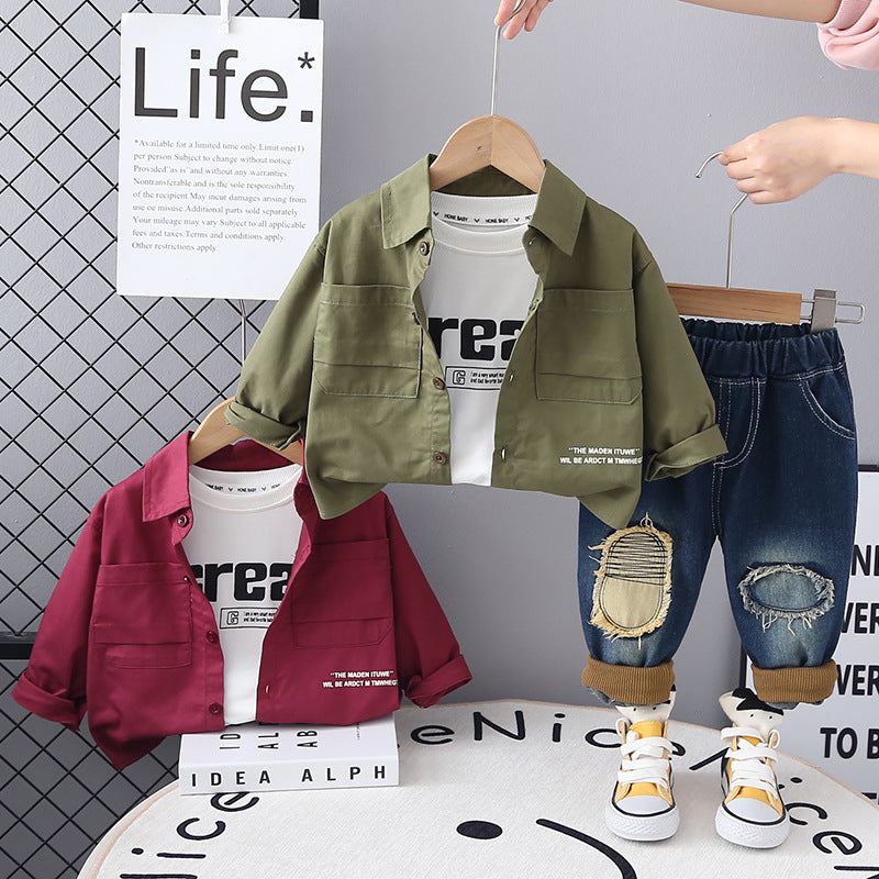 Completo Casual Bambino con Camicia e Jeans Strappati