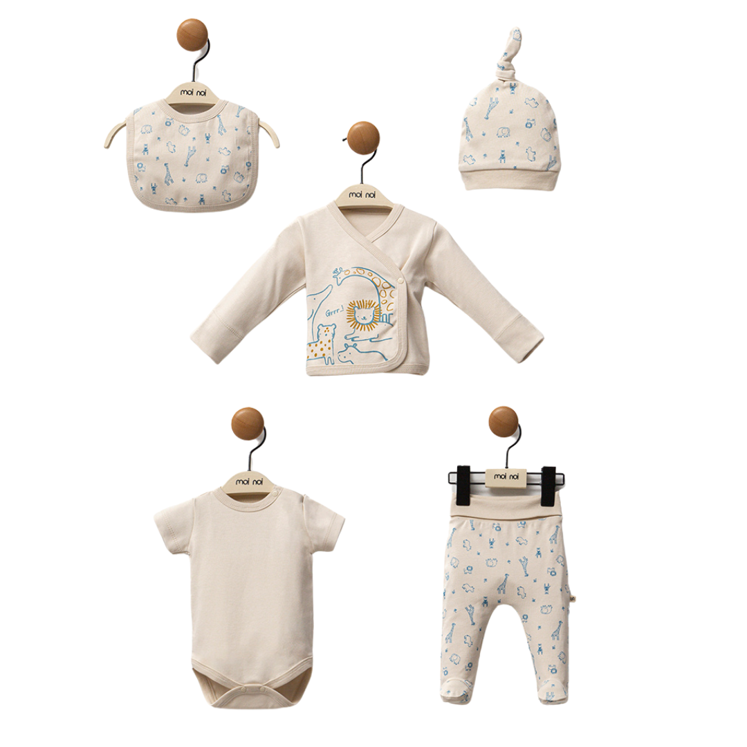 Set Neonato/ Bimbo 5 Pezzi Safari – Cotone con Stampa Animali