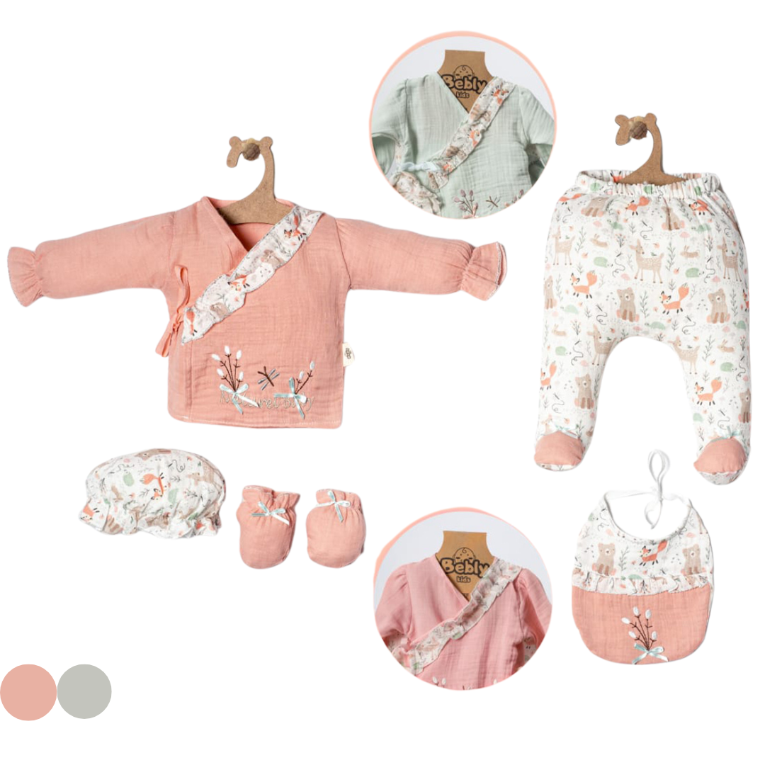 Set 5 Pezzi in Mussola 100%cotone per Bimba con Cervetti 0-3mesi