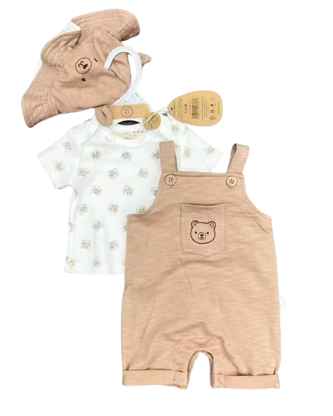 Set Neonato 3 Pezzi Salopette, T-Shirt e Cappellino Orsetto