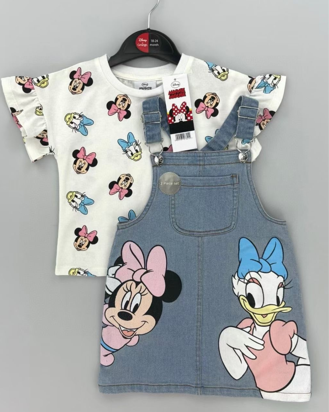 Completo Bimba Disney 2 Pezzi – T-shirt Minnie e Paperina + Salopette in Jeans