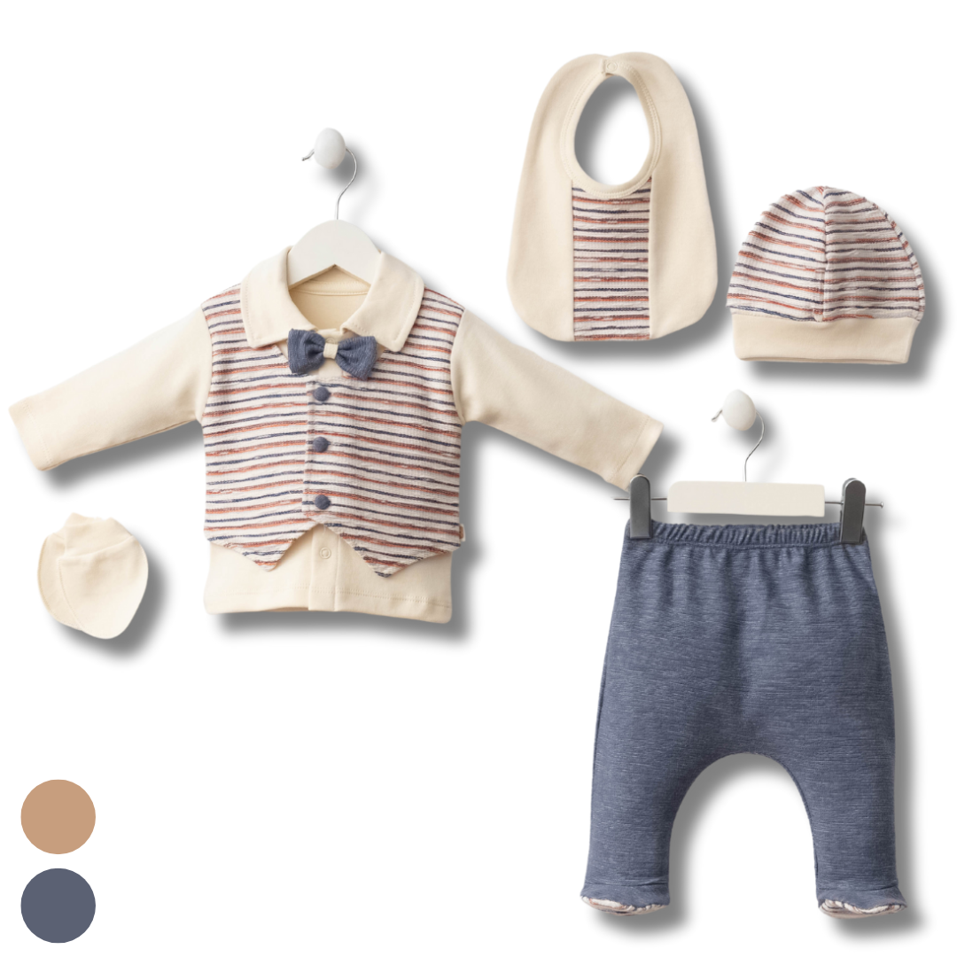 Set Neonato/Bimbo 5pz in cotone gilet e papillon 0-3mesi
