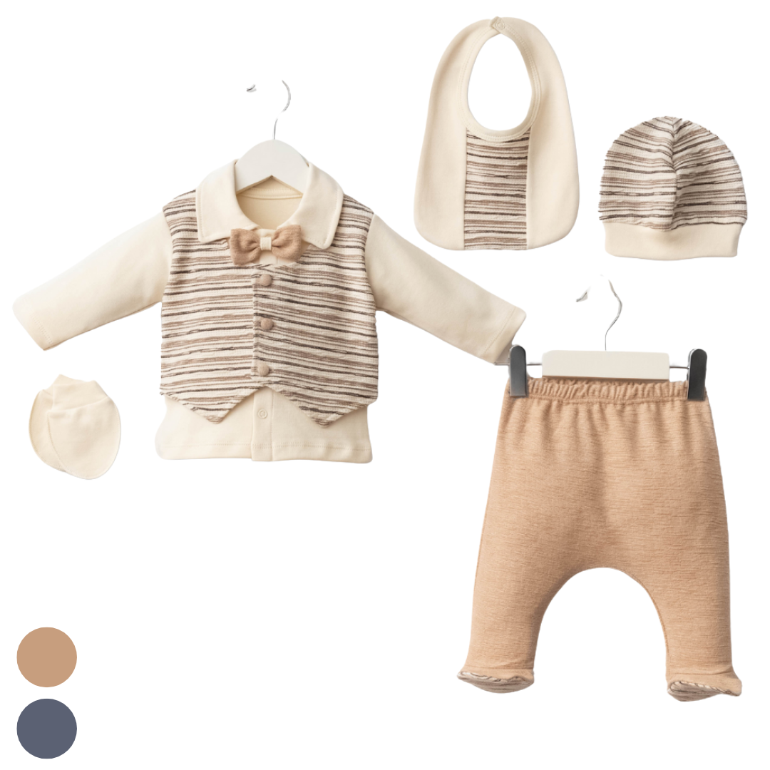 Set Neonato/Bimbo 5pz in cotone gilet e papillon 0-3mesi