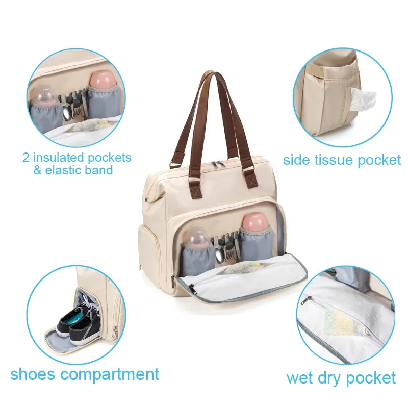 Bolso de mamá espacioso con bolsillos internos.