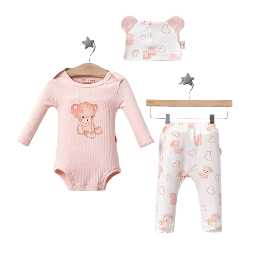 Conjunto 3 piezas osita niña de algodón rosa