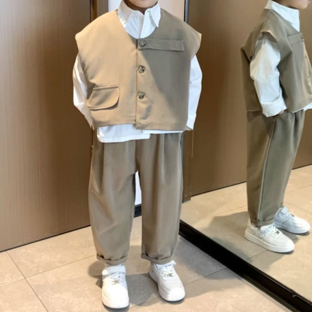 Set 3pz bimbo elegante camicia, gilet e pantalone
