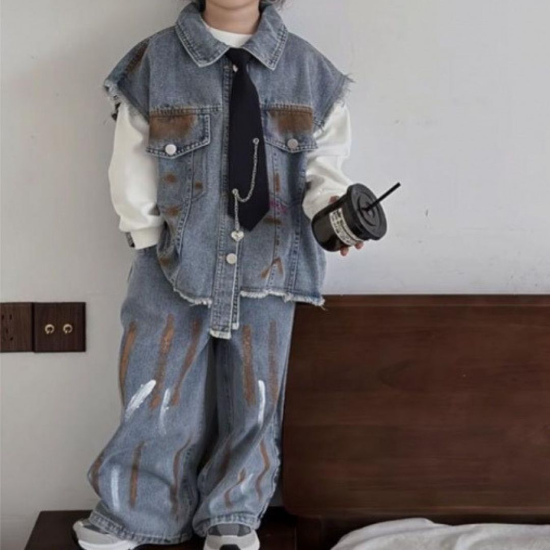 Completo bambino 2 pezzi Gilet di jeans e pantaloni destroyed
