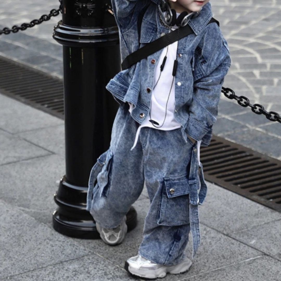 Set 2 pz Bimbo giacca e pantaloni cargo in denim vintage