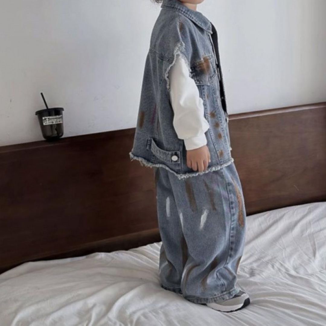 Completo bambino 2 pezzi Gilet di jeans e pantaloni destroyed