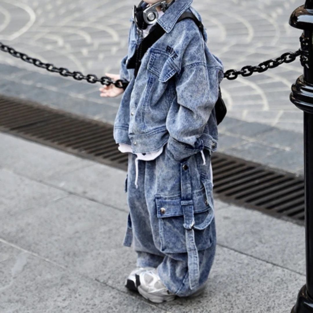 Set 2 pz Bimbo giacca e pantaloni cargo in denim vintage