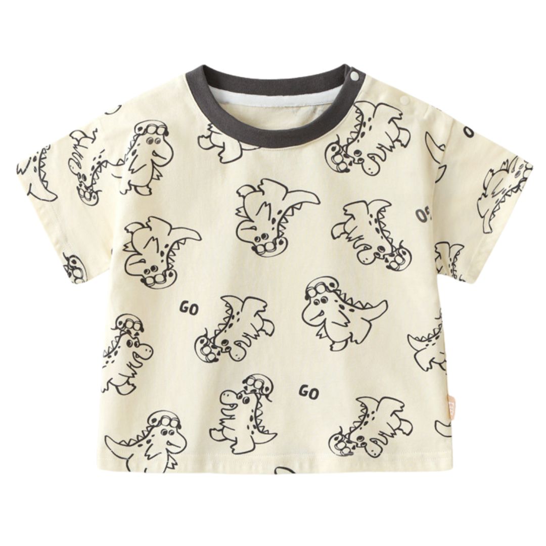 T-shirt Bimbo "Go Dino!" Stampa Dinosauri con Dettaglio a Contrasto