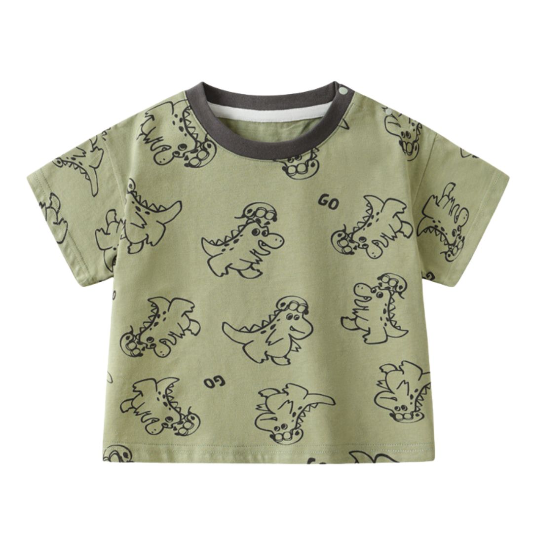 T-shirt Bimbo "Go Dino!" Stampa Dinosauri con Dettaglio a Contrasto
