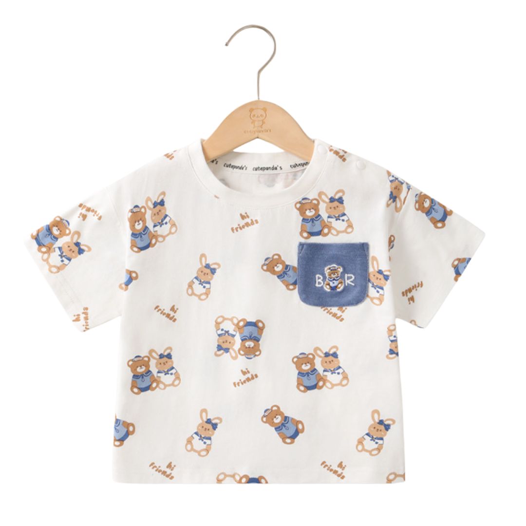 T-shirt Bimbo "Hi Friends" Orsetti e Coniglietti con Taschino