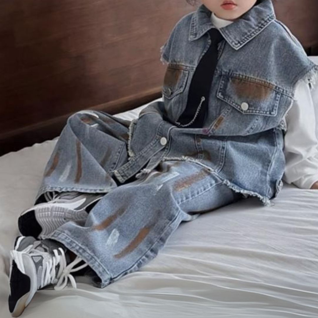 Completo bambino 2 pezzi Gilet di jeans e pantaloni destroyed