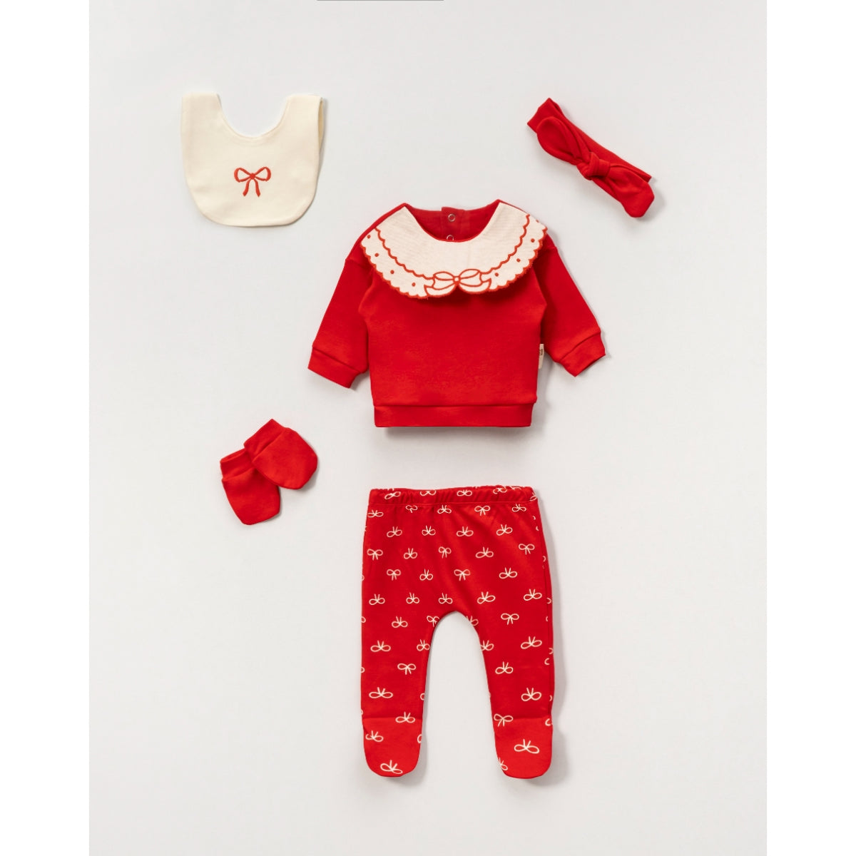 Set Neonata 5 Pezzi con Colletto Ricamato e Fiocco