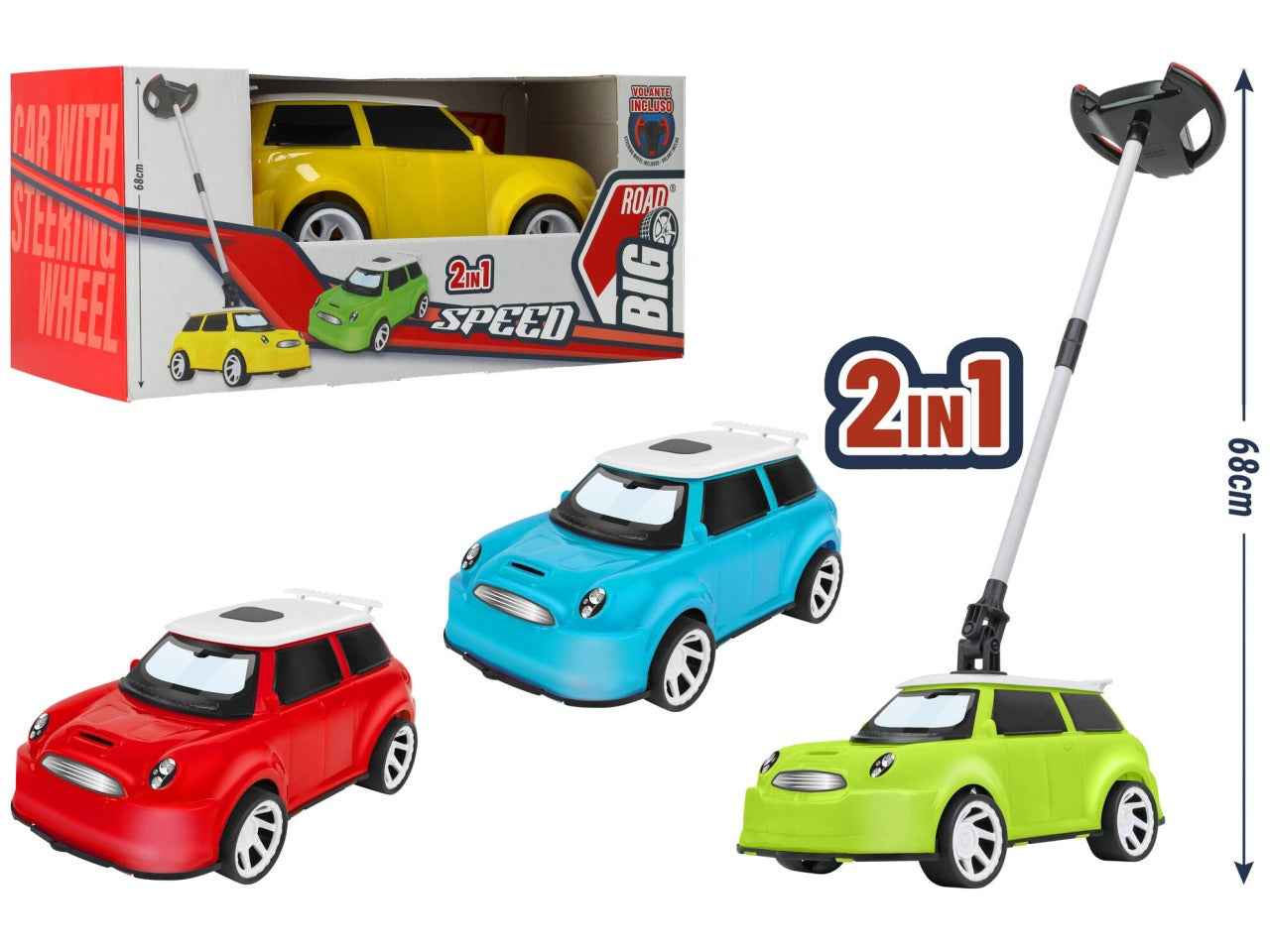 Coche 2 en 1 con volante azul.