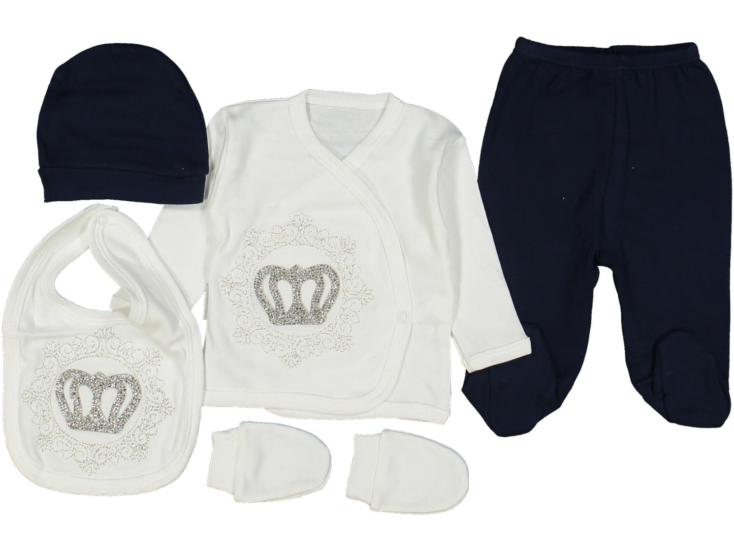 Set Neonato/ Bimbo 5 Pezzi Elegante con Corona Brillanti blu in Cotone