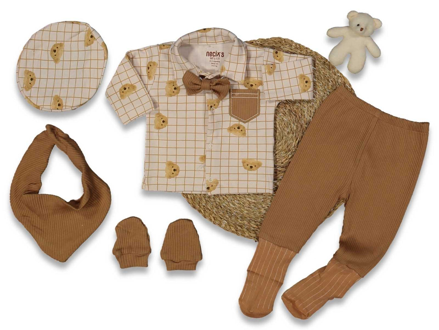 Set Neonato/ Bimbo in cotone 6 Pezzi Elegante con Motivo Orsetto