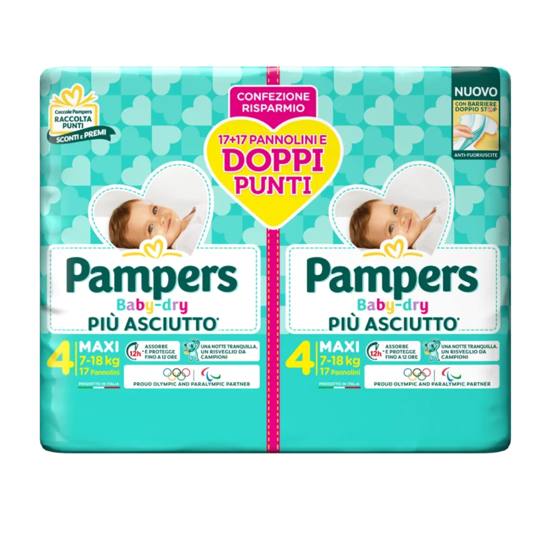 Pampers 4 couches Baby Dry double pack 34 pièces.