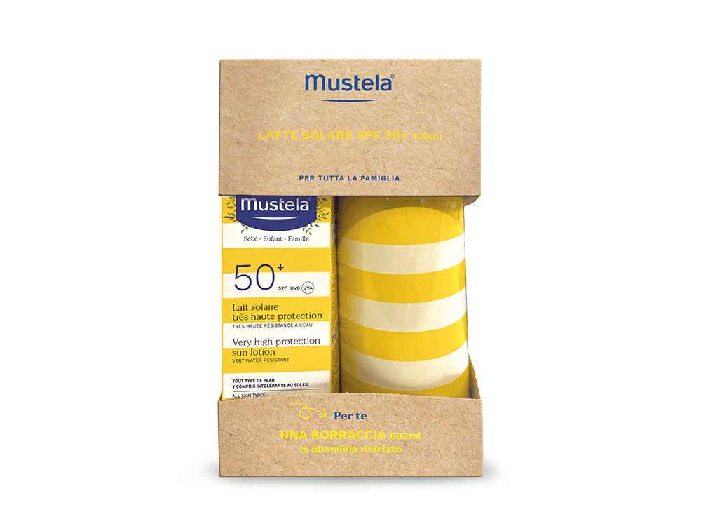Leche solar 50+ y botella de agua Mustela