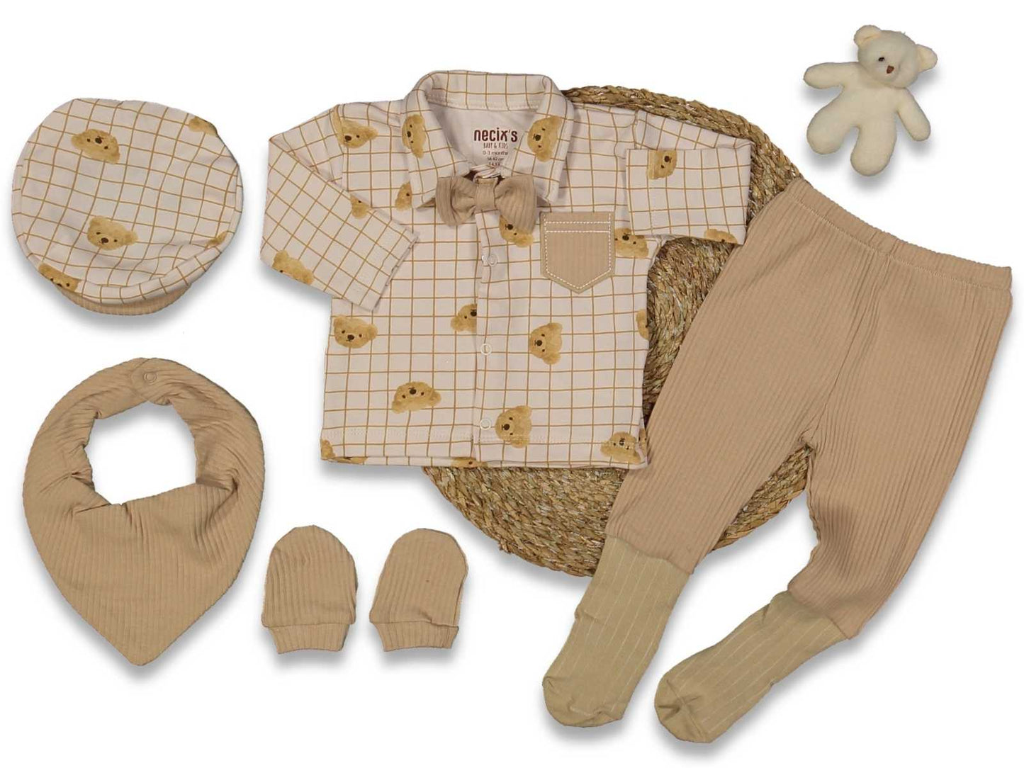 Set Neonato/ Bimbo in cotone 6 Pezzi Elegante con Motivo Orsetto