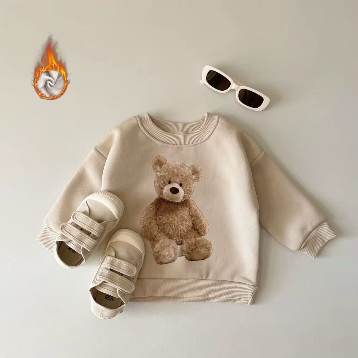 Felpa Beige con Orsetto per Bambini Stile Casual e Confortevole