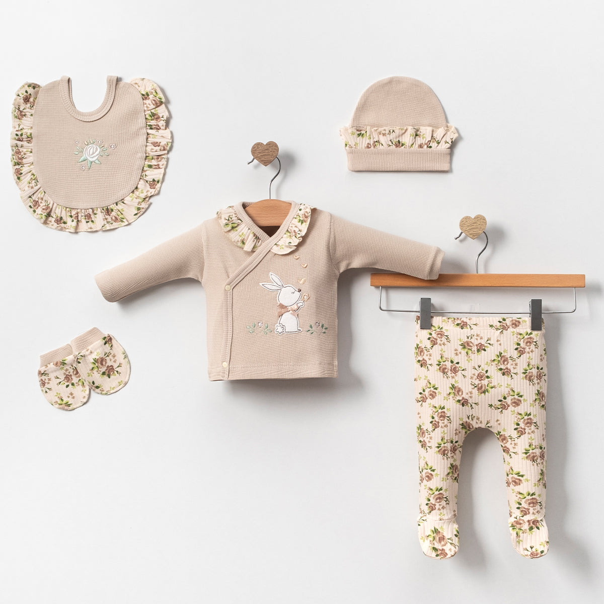 Set Neonata/ Bimba 5 pezzi Beige con fantasia floreale in cotone