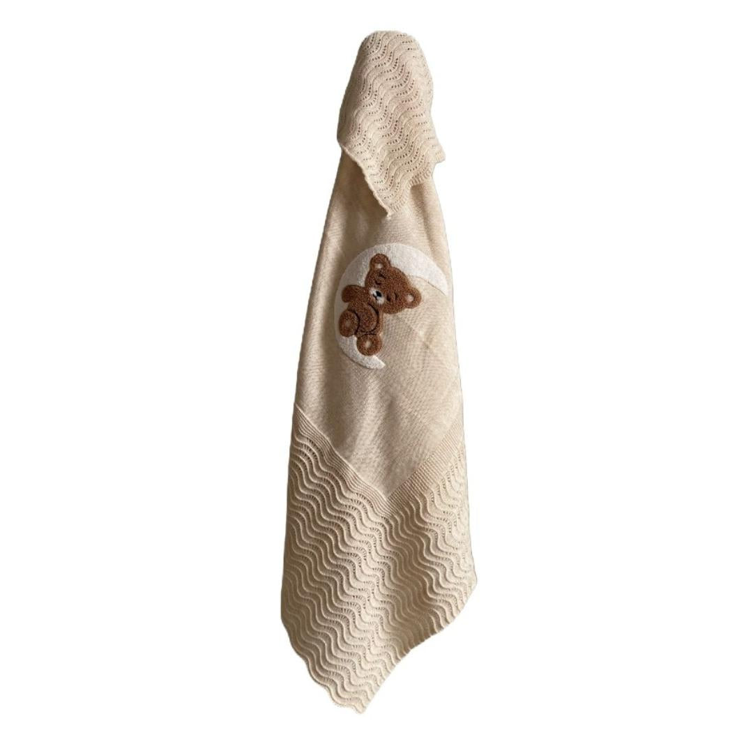Manta de cuna para bebé de lana beige con osito