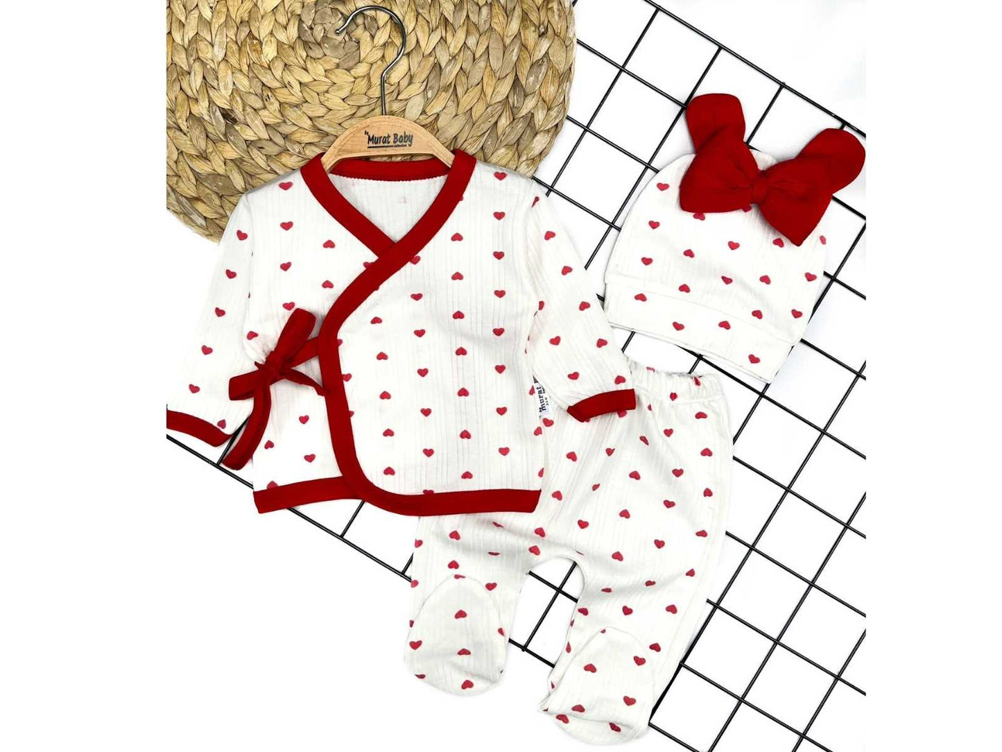Set Neonata 3 Pezzi 100%Cotone a Cuoricini