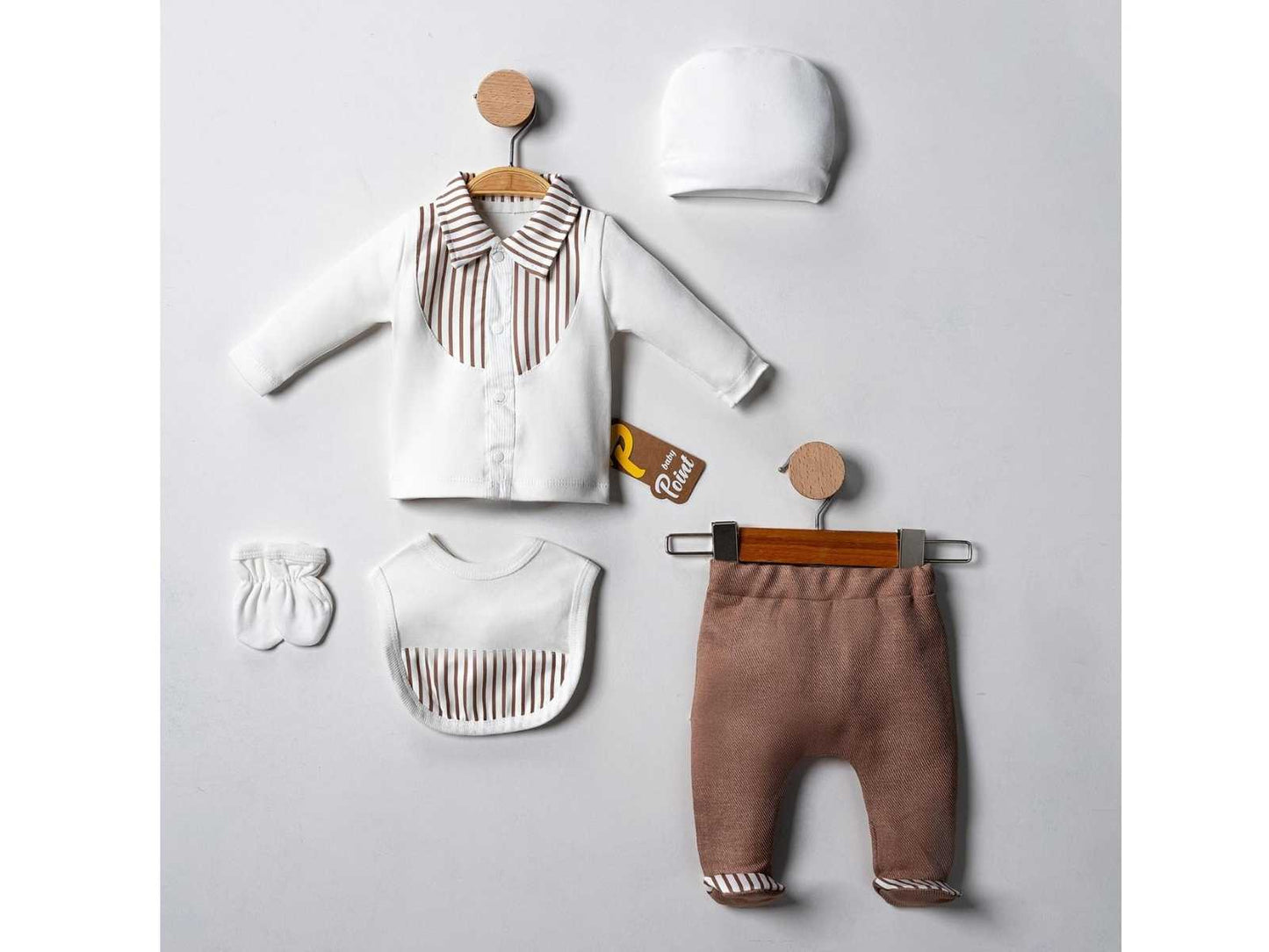 Set Elegante Neonato/ Bimbo 5 Pezzi Bianco e marrone con Dettagli a Righe in Cotone